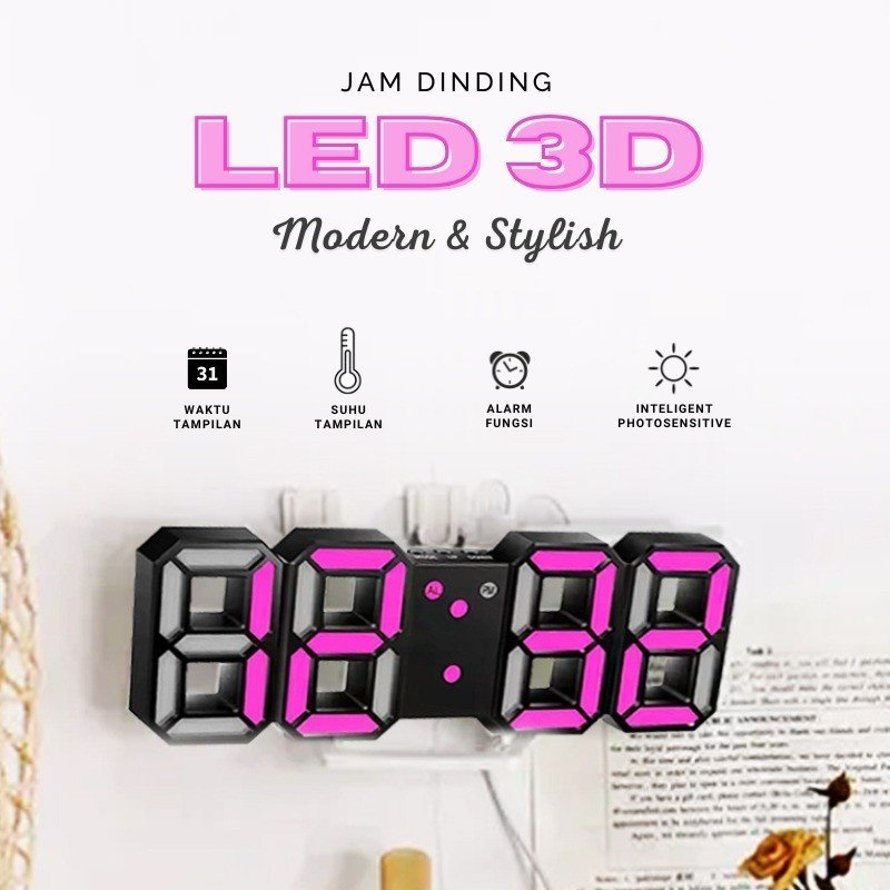 JAM DINDING DIGITAL LED/JAM MEJA-ALARM-SUHU/JAM 3D BESAR MODERN/JAM AESTHETIC LED 3D - Gambar 2