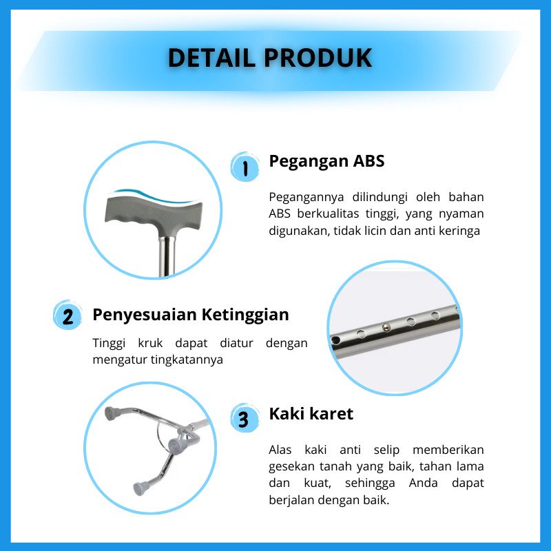 Tongkat Kaki 3/4 Alat Bantu Jalan Orang Tua Tongkat Medis Ringan, Kuat, Adjustable, Anti Slip - Gambar 5
