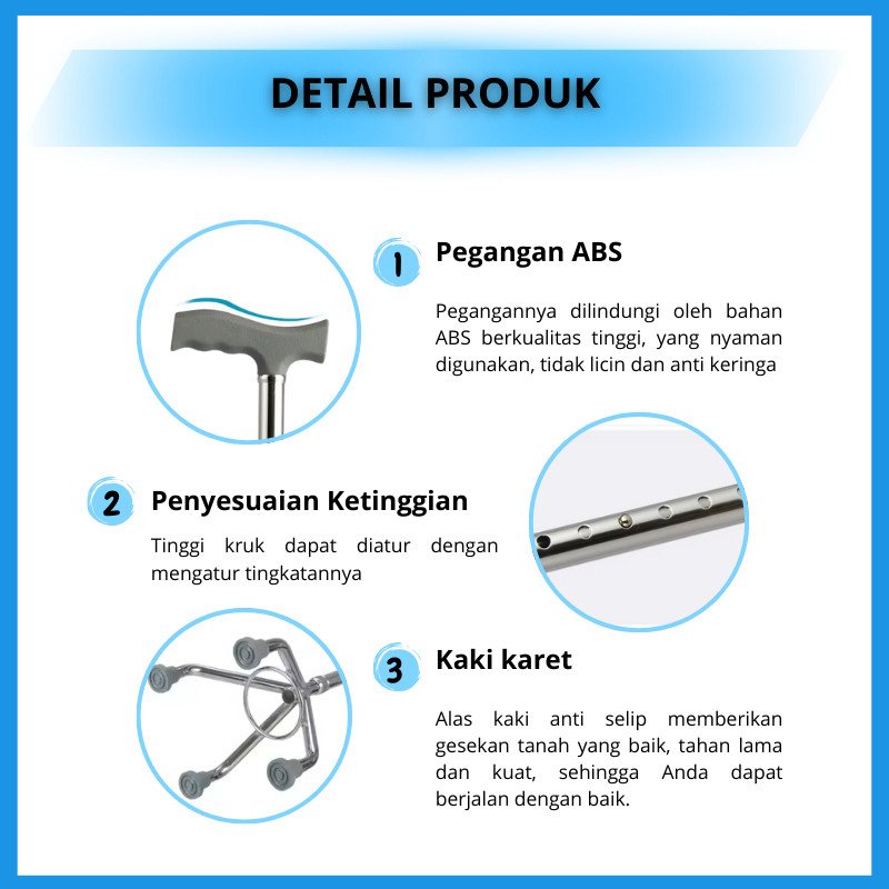 Tongkat Kaki 3/4 Alat Bantu Jalan Orang Tua Tongkat Medis Ringan, Kuat, Adjustable, Anti Slip - Gambar 4