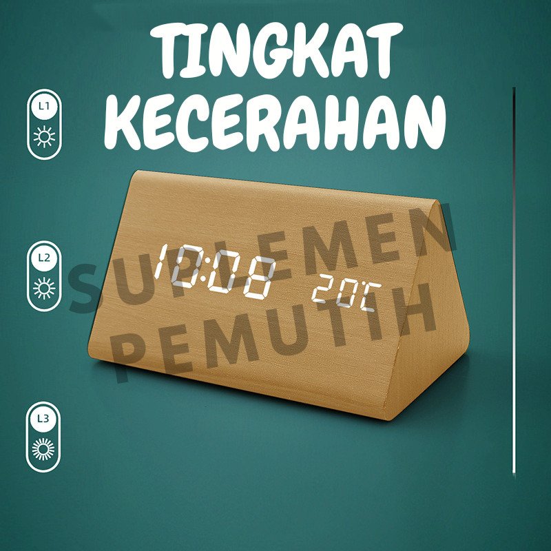 Jam Meja Kayu Alarm Temperatur Digital Triangle/ Jam Estetik + SUHU /Jam Meja Digital Led Motif Kayu - Gambar 2