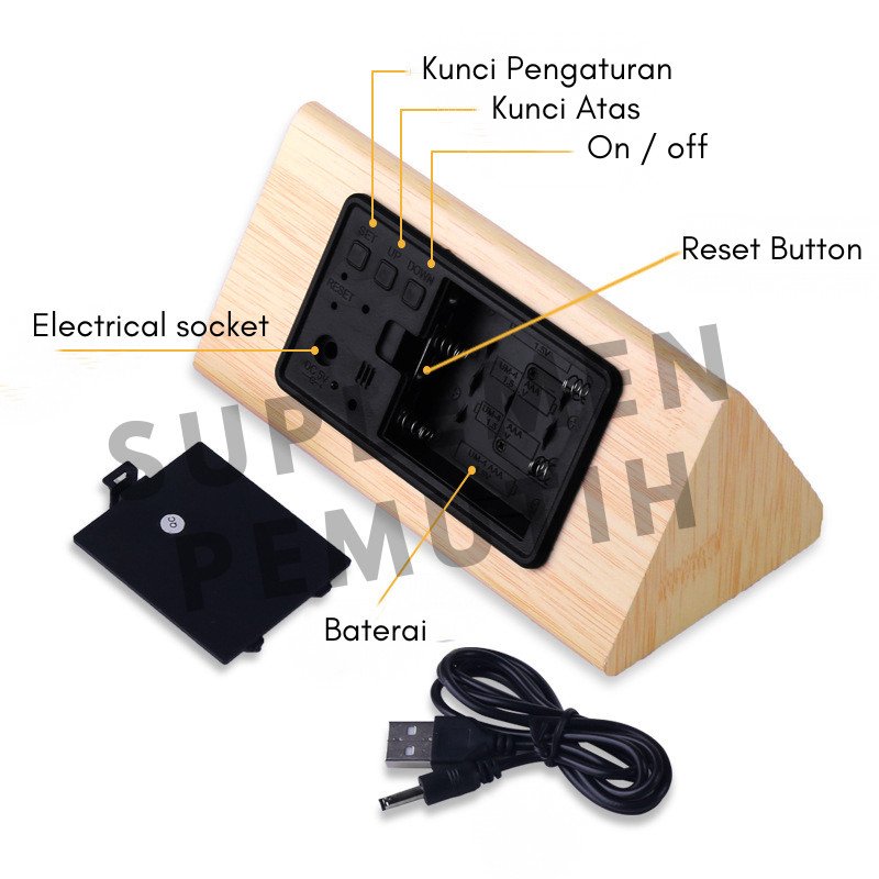 Jam Meja Kayu Alarm Temperatur Digital Triangle/ Jam Estetik + SUHU /Jam Meja Digital Led Motif Kayu - Gambar 3