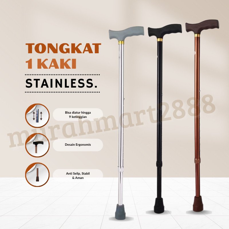 Tongkat Jalan/Tongkat 1 Kaki/Alat Bantu Jalan/Tongkat Medis Ringan/Kuat/Tahan Lama/Bisa Turun Naik Bahan Stainless