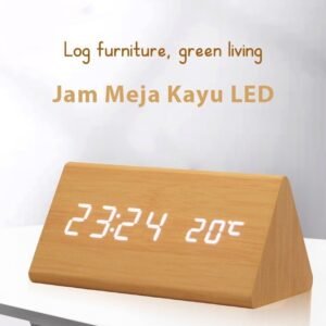 Jam Meja Kayu Alarm Temperatur Digital Triangle/ Jam Estetik + SUHU /Jam Meja Digital Led Motif Kayu
