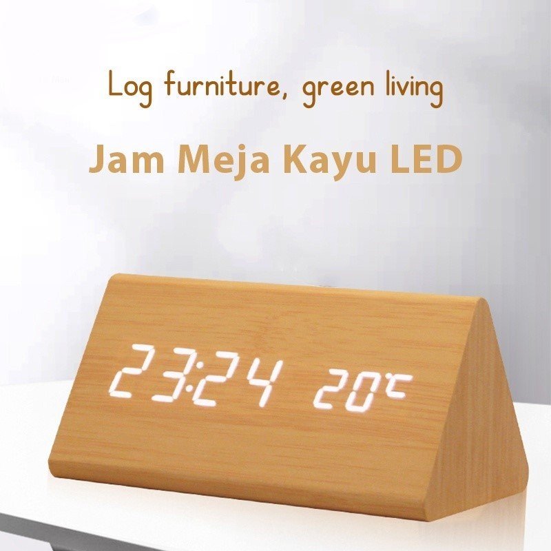 Jam Meja Kayu Alarm Temperatur Digital Triangle/ Jam Estetik + SUHU /Jam Meja Digital Led Motif Kayu