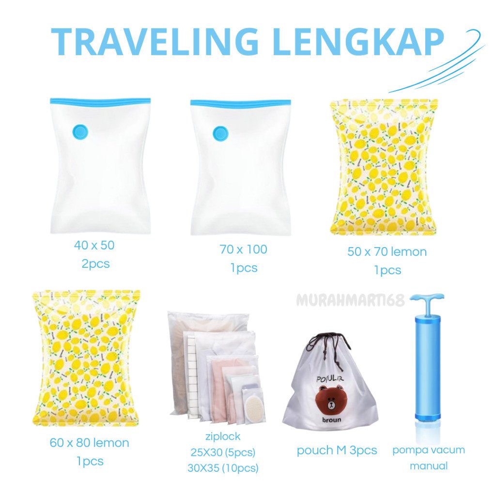 PAKET SET TRAVELING 23 PCS COMBO !!! Traveling 5 Pcs Travel Pouch, Vacum Bag 5 pcs, 15 pcs Zipper bag, dan 1 pcs Pompa - Gambar 5