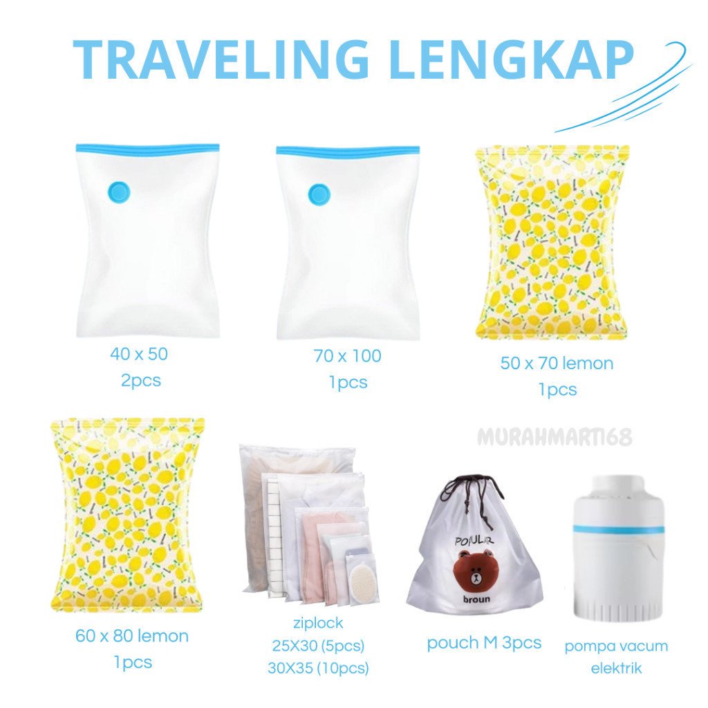 PAKET SET TRAVELING 23 PCS COMBO !!! Traveling 5 Pcs Travel Pouch, Vacum Bag 5 pcs, 15 pcs Zipper bag, dan 1 pcs Pompa - Gambar 3