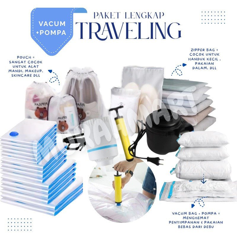 PAKET SET TRAVELING 23 PCS COMBO !!! Traveling 5 Pcs Travel Pouch, Vacum Bag 5 pcs, 15 pcs Zipper bag, dan 1 pcs Pompa