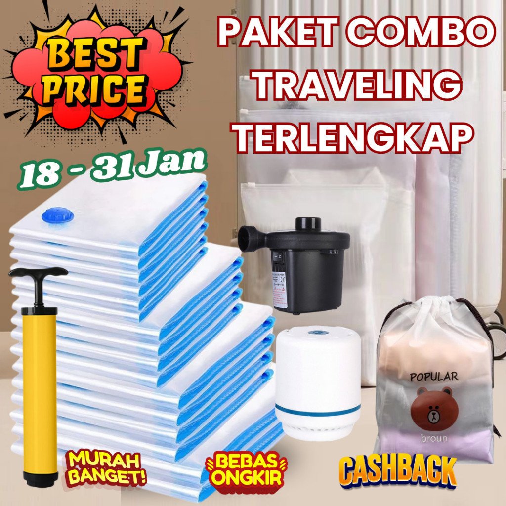 PAKET SET TRAVELING 23 PCS COMBO !!! Traveling 5 Pcs Travel Pouch, Vacum Bag 5 pcs, 15 pcs Zipper bag, dan 1 pcs Pompa - Gambar 2