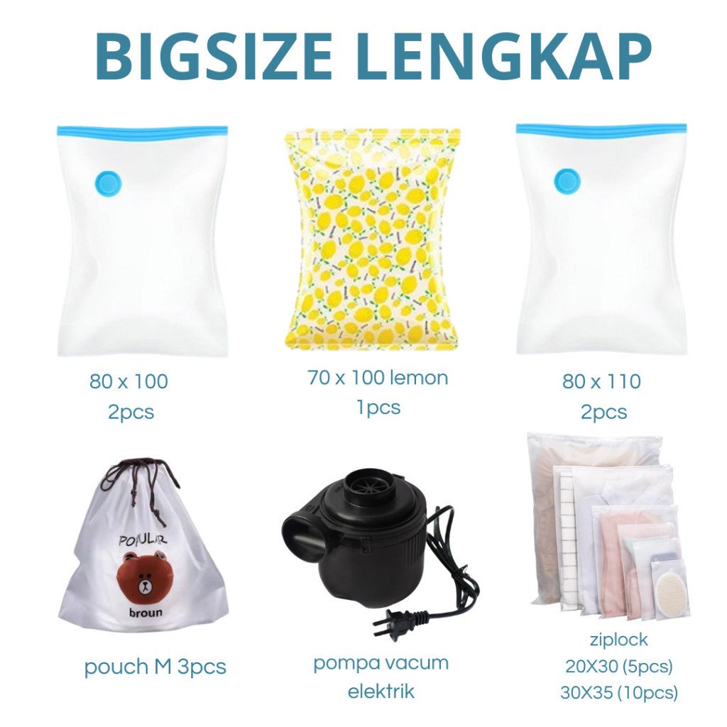 PAKET SET TRAVELING 23 PCS COMBO !!! Traveling 5 Pcs Travel Pouch, Vacum Bag 5 pcs, 15 pcs Zipper bag, dan 1 pcs Pompa - Gambar 7
