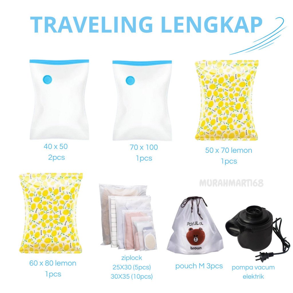 PAKET SET TRAVELING 23 PCS COMBO !!! Traveling 5 Pcs Travel Pouch, Vacum Bag 5 pcs, 15 pcs Zipper bag, dan 1 pcs Pompa - Gambar 4