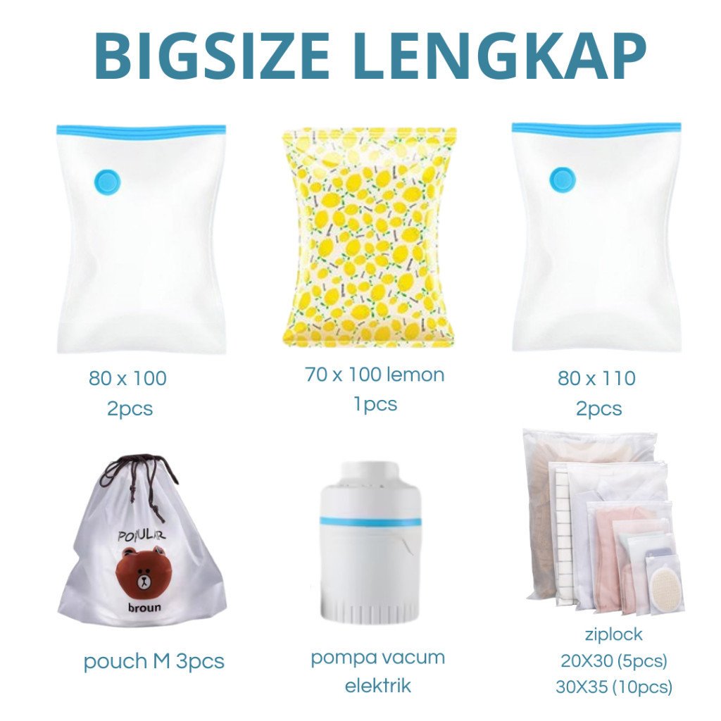 PAKET SET TRAVELING 23 PCS COMBO !!! Traveling 5 Pcs Travel Pouch, Vacum Bag 5 pcs, 15 pcs Zipper bag, dan 1 pcs Pompa - Gambar 6