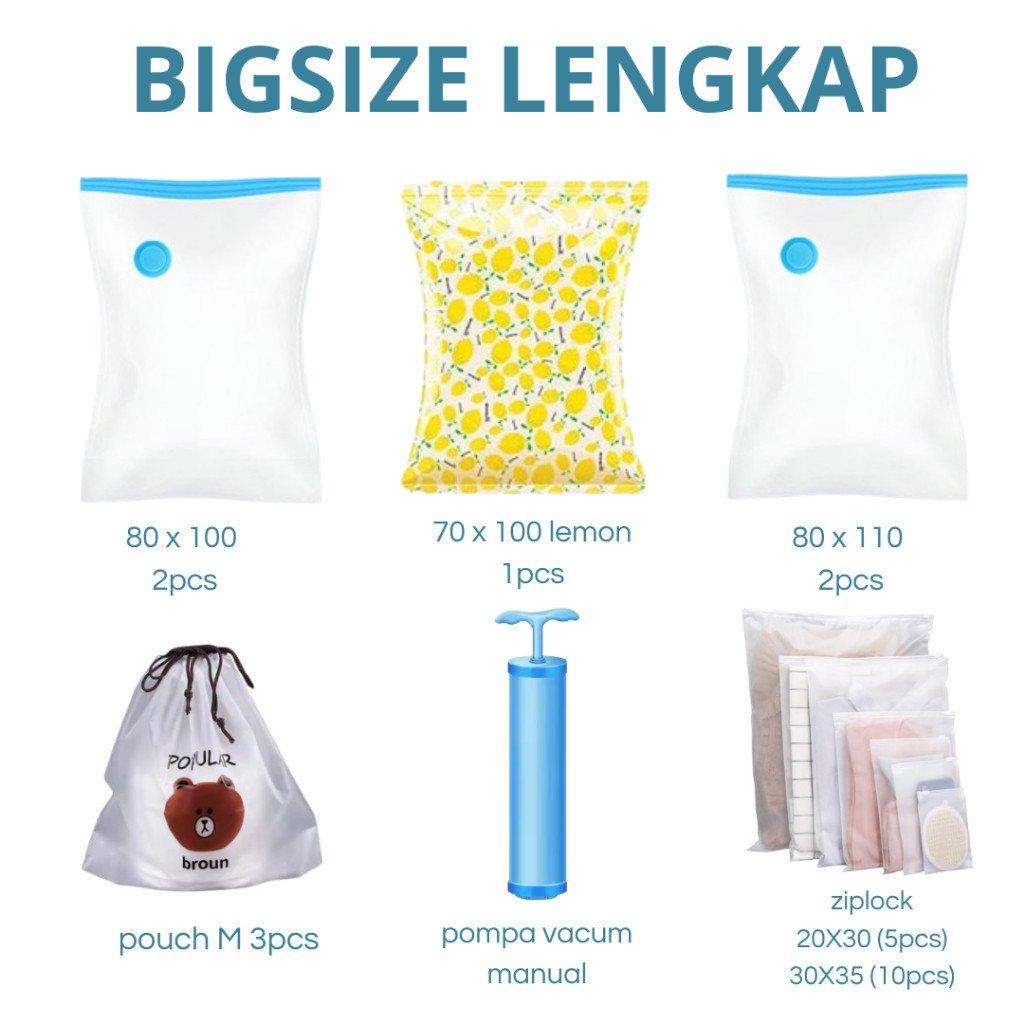 PAKET SET TRAVELING 23 PCS COMBO !!! Traveling 5 Pcs Travel Pouch, Vacum Bag 5 pcs, 15 pcs Zipper bag, dan 1 pcs Pompa - Gambar 8