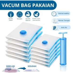 SET VACUM PAKAIAN VACUUM BAG TRAVELING + POMPA VACUM PINTAR
