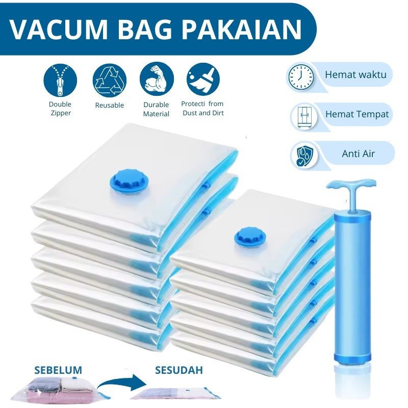 SET VACUM PAKAIAN VACUUM BAG TRAVELING + POMPA VACUM PINTAR