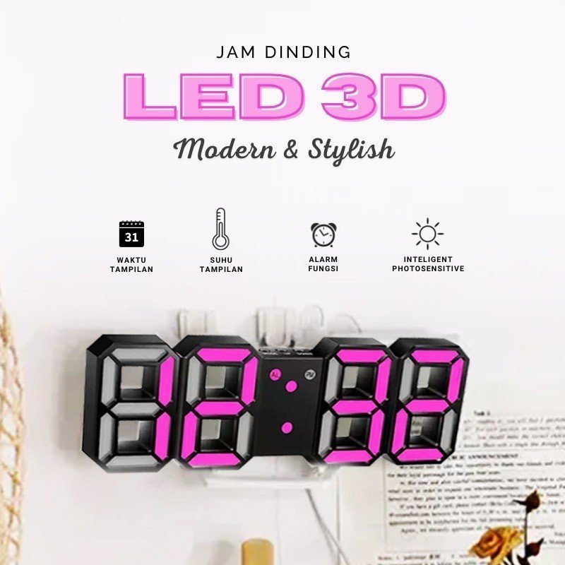 JAM DINDING DIGITAL LED/JAM MEJA-ALARM-SUHU/JAM 3D BESAR MODERN/JAM AESTHETIC LED 3D - Gambar 2
